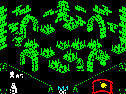 Knight Lore (ZX Spectrum) screenshot: A Knight is patrolling this maze of spiked traps.