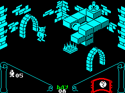 Knight Lore (ZX Spectrum) screenshot: How do I get up there?