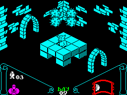 Knight Lore (ZX Spectrum) screenshot: DJ Wulf playin': "Megablast (Hip Hop on Precinct 13)".