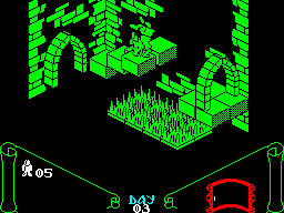 Knight Lore (ZX Spectrum) screenshot: Break dance time (transforming into Sabreman).