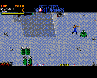 The Real Ghostbusters (Amiga) screenshot: Say hello to Slimer