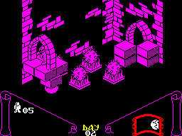 Knight Lore (ZX Spectrum) screenshot: Preparing to scare someone at the door's entrance.