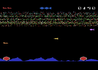 The Eliminator (Atari 8-bit) screenshot: The more enemies I kill, the lower the sky gets.