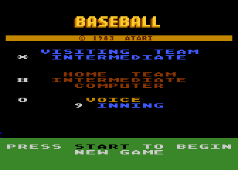 RealSports Baseball (Atari 5200) screenshot: Title screen and game options