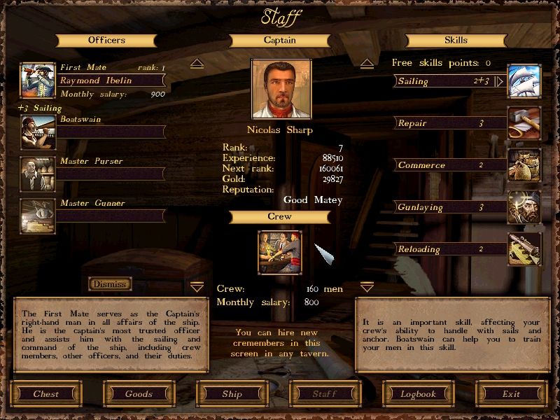Sea Dogs (Windows) screenshot: Lookin' Sharp. Like any good RPG, Sea Dogs keeps track of your stats, wealth, and friends.