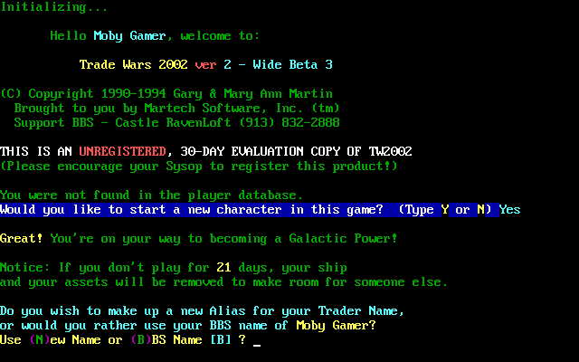 Trade Wars 2002 (DOS) screenshot: Generating a character
