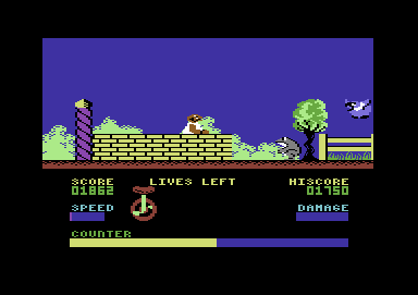 Velocipede II (Commodore 64) screenshot: Parts of the static graphics are in front of the playfield, though no action is obscured