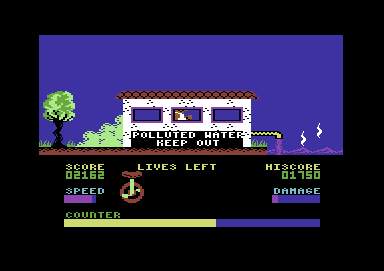 Velocipede II (Commodore 64) screenshot: All water in the game causes you to drown anyway