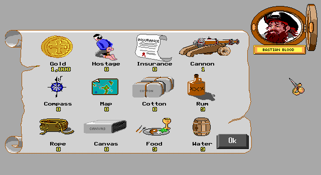 Redhook's Revenge (DOS) screenshot: Aye, yer loot. Not much, but it'll grow. Or not.