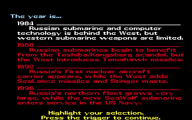 Red Storm Rising (Amiga) screenshot: Scenario selection