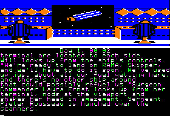 Rendezvous with Rama (Apple II) screenshot: The bridge, approaching Rama...