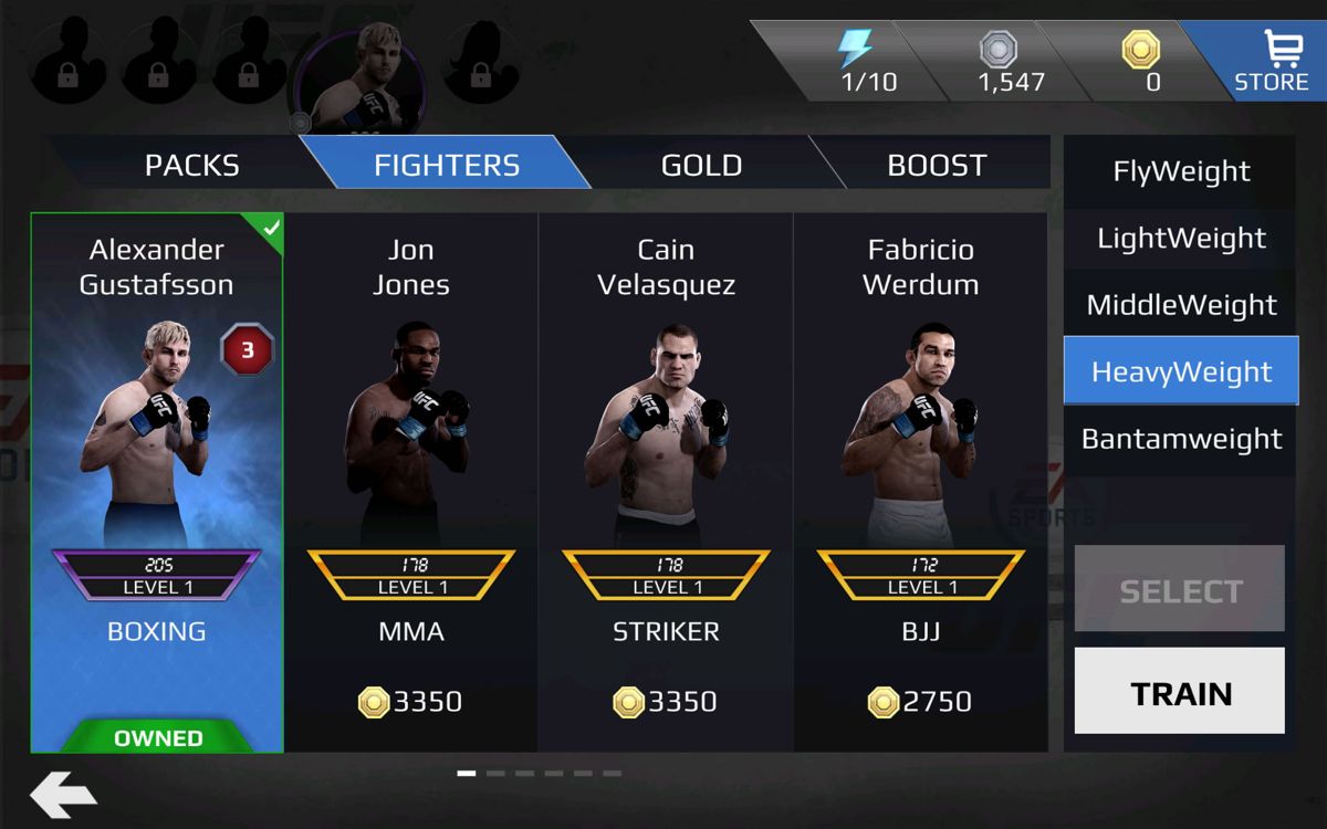 UFC (Android) screenshot: You can buy new fighters directly in the store.