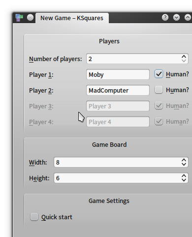 KSquares (Linux) screenshot: Player settings: up to four players and any player can be either human or played by the AI