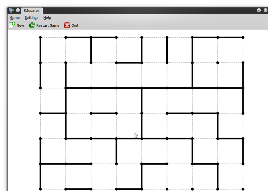 KSquares (Linux) screenshot: Quick starting games has many lines already on the board, so the repetitive starting phase is skipped
