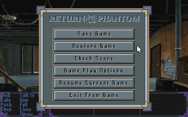 Return of the Phantom (DOS) screenshot: ingame main menu