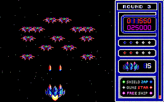 Return of the Mutant Space Bats of Doom (DOS) screenshot: Fighting one wave of colorful bats