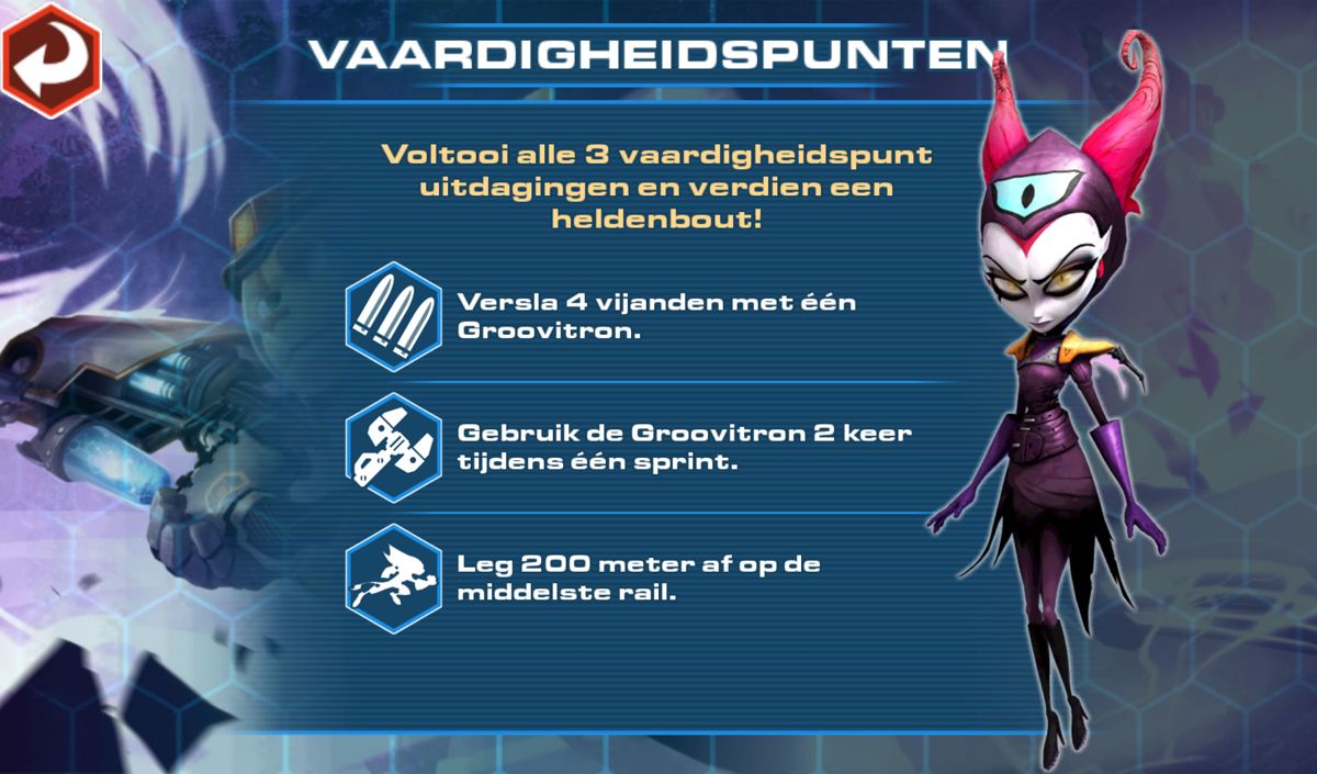 Ratchet & Clank: Before the Nexus (Android) screenshot: An introduction to the challenges that can earn you hero bolts (Dutch version).