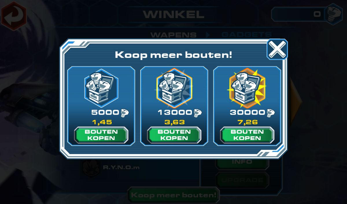 Ratchet & Clank: Before the Nexus (Android) screenshot: In-app purchases for additional bolts (Dutch version)