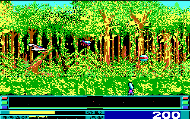 Revenge of Defender (DOS) screenshot: the forest zone - EGA