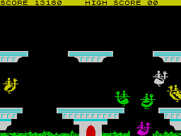 Lancer Lords (ZX Spectrum) screenshot: The magentas are like <i>Phoenixes</i>. Their eggs are resistant to the green stuff.