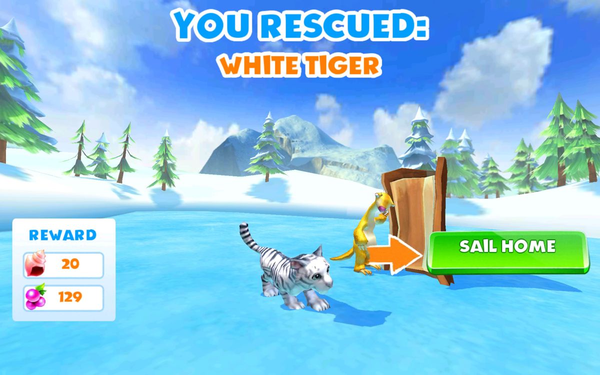 Ice Age: Adventures (Android) screenshot: The white tiger has been rescued is brought back to the village.