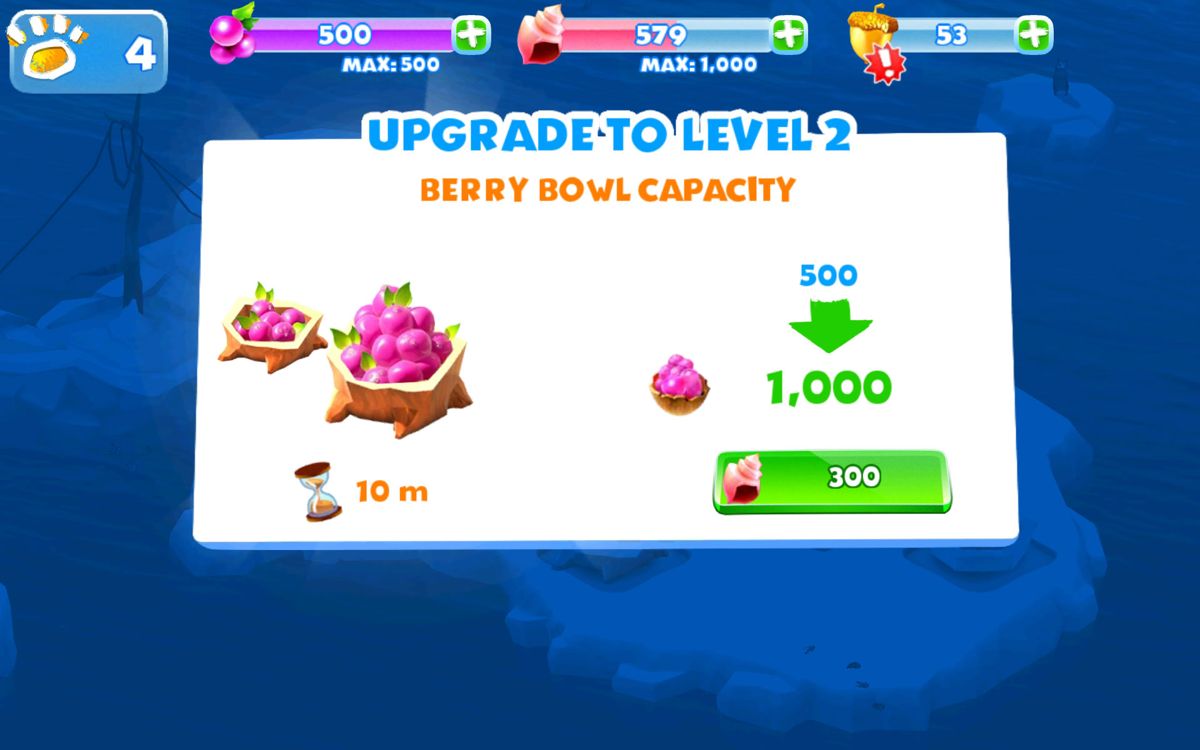 Ice Age: Adventures (Android) screenshot: Upgrading a building so more berries can be stored.
