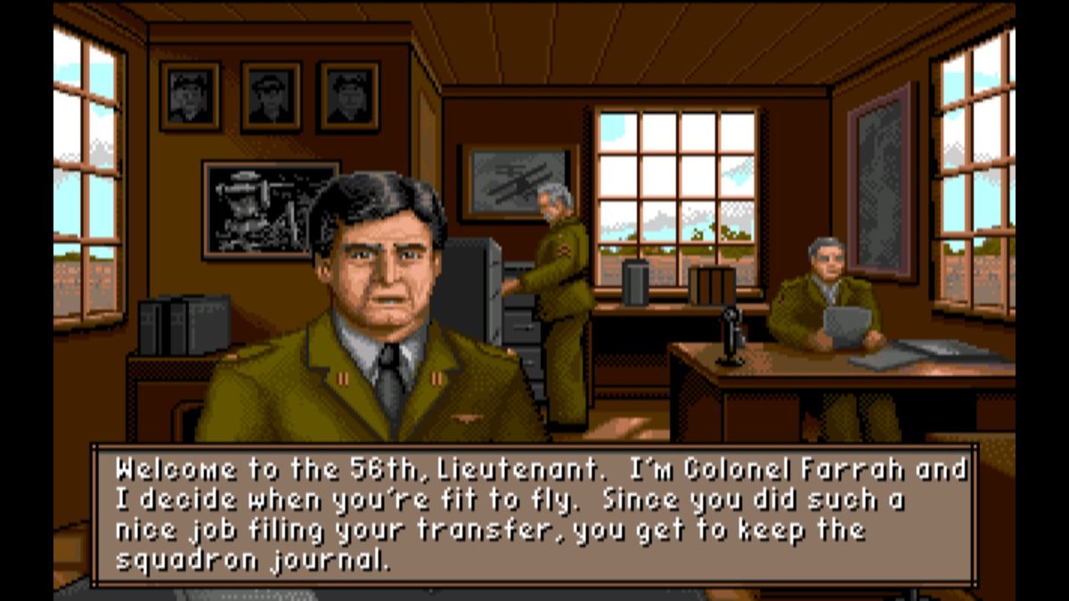Wings (Windows) screenshot: Colonel Farrah is welcoming you to the 56th squadron (GOG version)