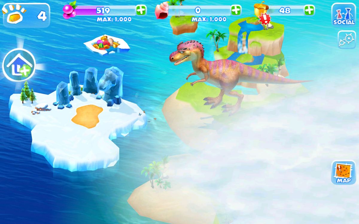Ice Age: Adventures (Android) screenshot: Shrouded parts of the map have not yet been discovered.