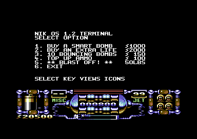 Dan Dare III: The Escape (Commodore 64) screenshot: What do you want to buy today?
