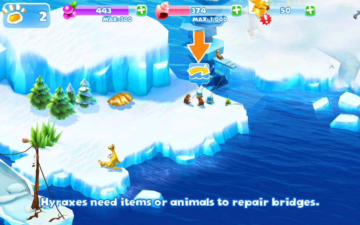Ice Age: Adventures (Android) screenshot: The hyraxes need some time to construct a bridge, or you can spend an acorn to complete it right away.