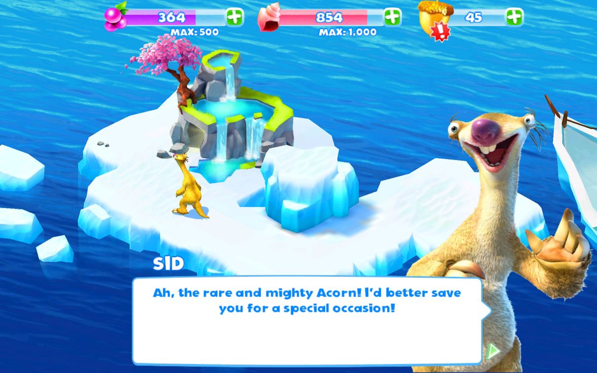 Ice Age: Adventures (Android) screenshot: Sid explains the currencies.