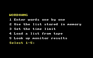 Wordhang (Amstrad CPC) screenshot: Options to select