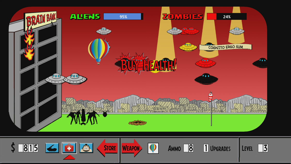 Zombies Hate Aliens! (Xbox 360) screenshot: Balloons are influenced by the wind direction (Trial version)