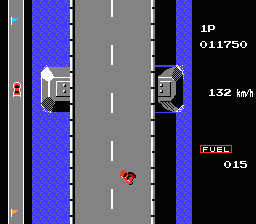 Road Fighter (NES) screenshot: Sliding off the road