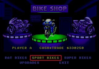 Road Rash 3 (Genesis) screenshot: The bike shop: buy a new type or upgrade your current one.