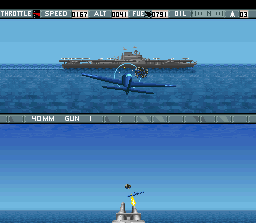 Carrier Aces (SNES) screenshot: A US plane makes a strafing attack on a japanese ship