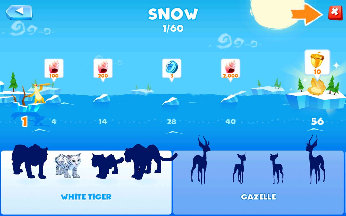 Ice Age: Adventures (Android) screenshot: Progress for the different animal sets