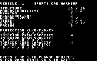Roadwar 2000 (Commodore 64) screenshot: Vehicle stats