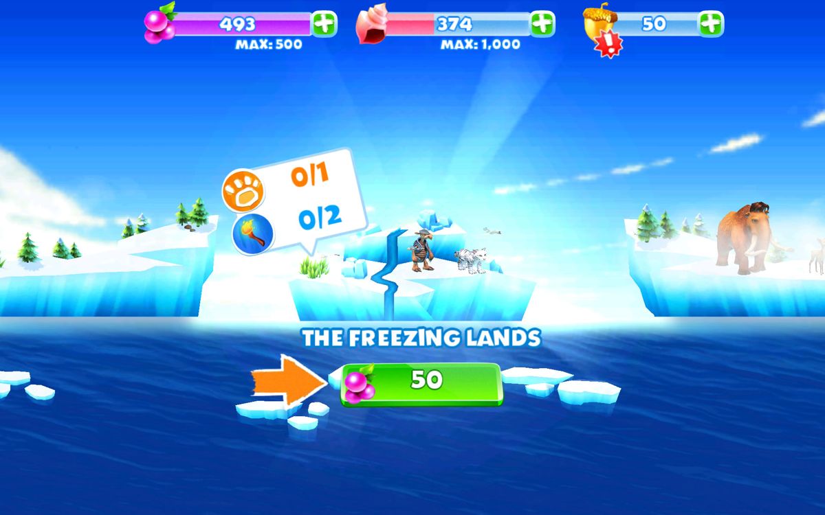 Ice Age: Adventures (Android) screenshot: Choose where you want to travel, in exchange for berries.