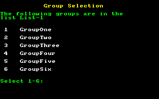 Wordhang (Amstrad CPC) screenshot: List of groups to select for the computer to choose a word from