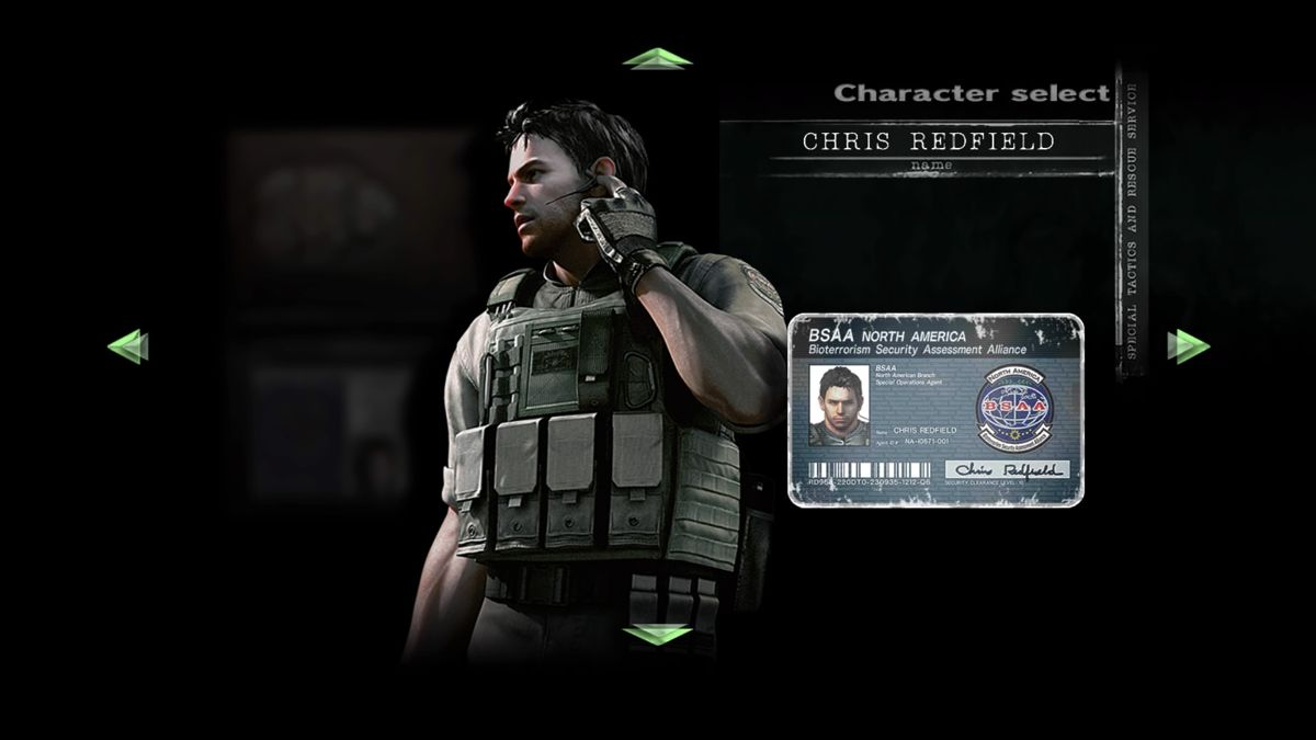 Resident Evil (PlayStation 4) screenshot: Character select screen, Chris Redfield from Resident Evil 5
