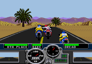Road Rash (Genesis) screenshot: "Yamaha is way better than Kawasaki!" "No it's not!" "Take that idiot" "Ouch!"