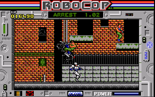 RoboCop (Amiga) screenshot: A motorcycle goes over Robocop