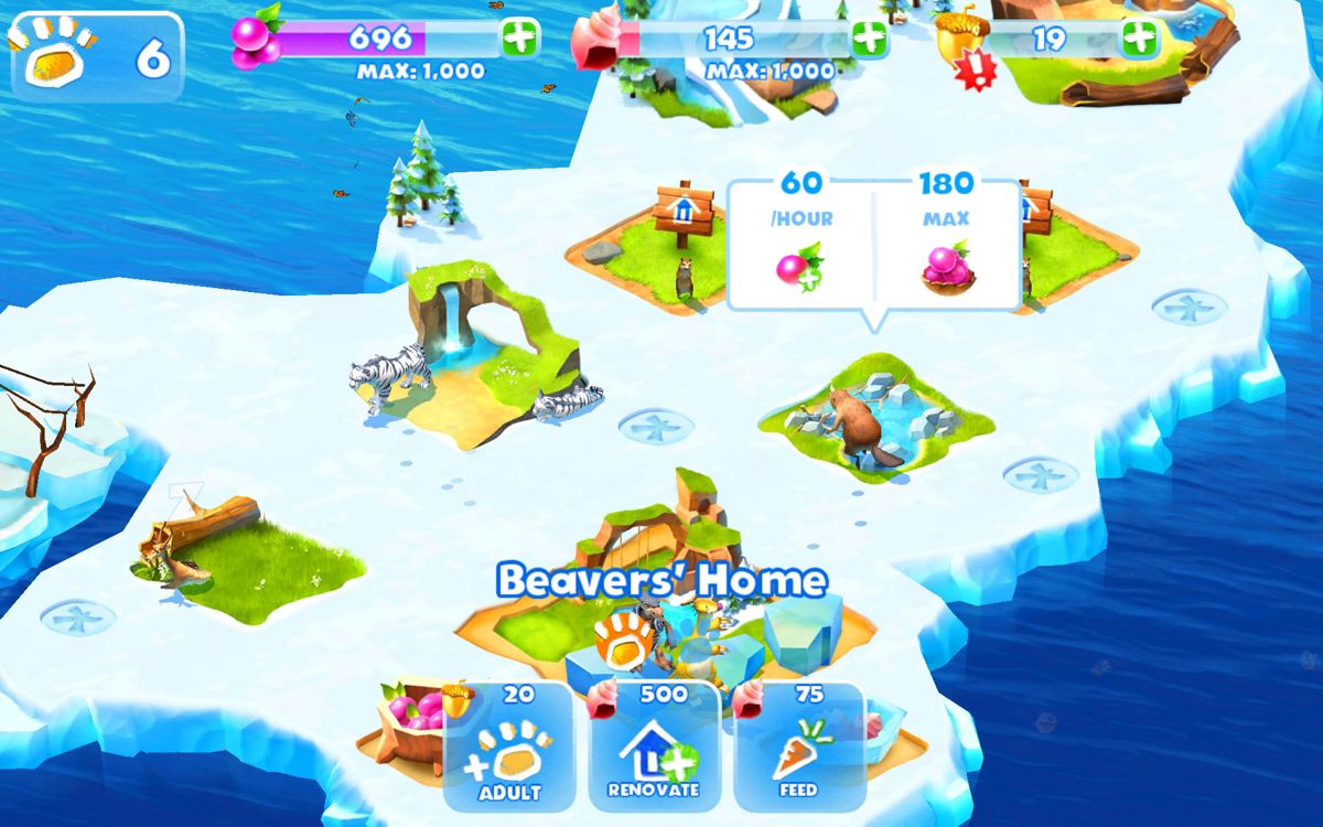Ice Age: Adventures (Android) screenshot: Tap a building and the available actions appear near the bottom of the screen.