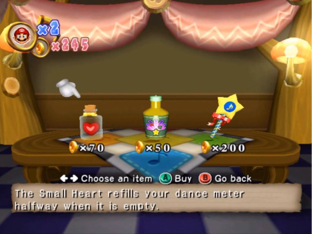 Dance Dance Revolution: Mario Mix (GameCube) screenshot: The game regularly gives you the opportunity to shop for items.