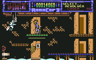 RoboCop 3 (Commodore 64) screenshot: That enemy seems to be "jetpacking" around