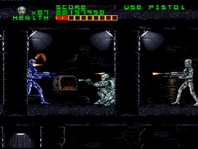 RoboCop Versus the Terminator (SNES) screenshot: The second half of the game is incredibly tough, as Robocop fights an army of constantly respawning T-800s, each of which can survive enormous amounts of damage
