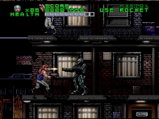 RoboCop Versus the Terminator (SNES) screenshot: The future of law enforcement... Robocop shoots a punk in the face with his rocket launcher