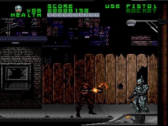 RoboCop Versus the Terminator (SNES) screenshot: Flo, the soldier from the future, drops down to assassinate Robocop, but she's promptly blown away by a drive-by Terminator