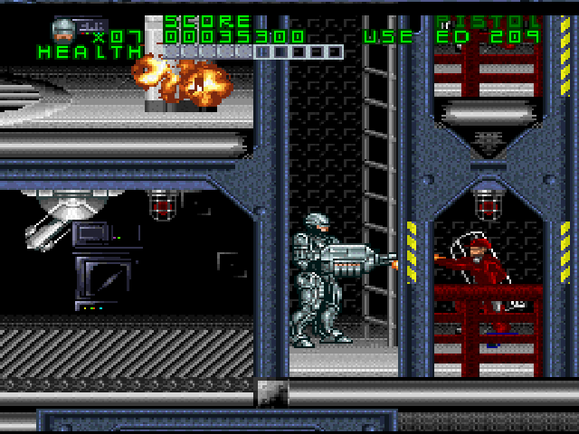 RoboCop Versus the Terminator (SNES) screenshot: Robocop fights his way through the OCP robotics factory, past haywire security turrets and uncooperative OCP security troopers